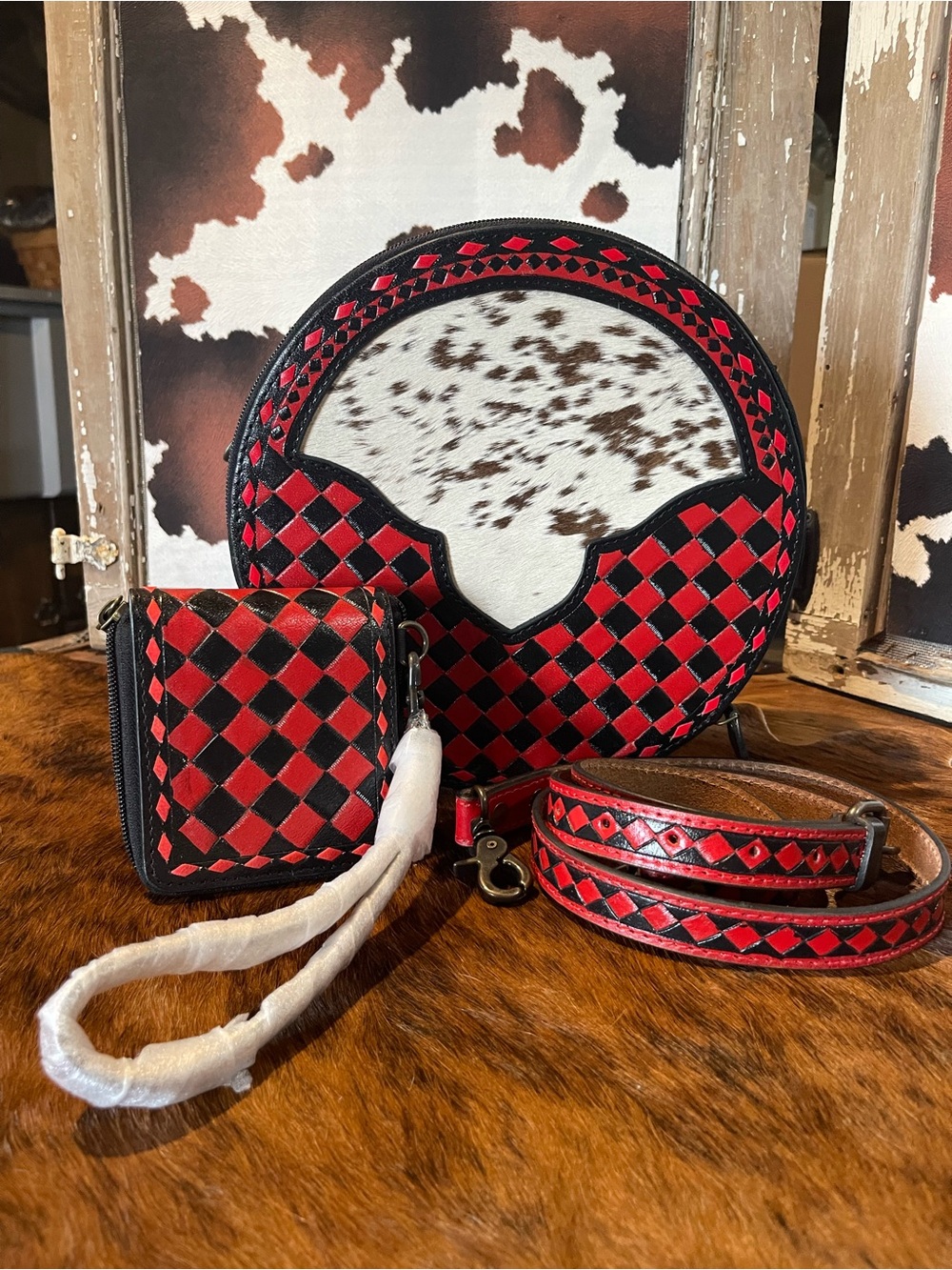 Red and Black Checkered Round Handbag with Matching Wallet and Strap